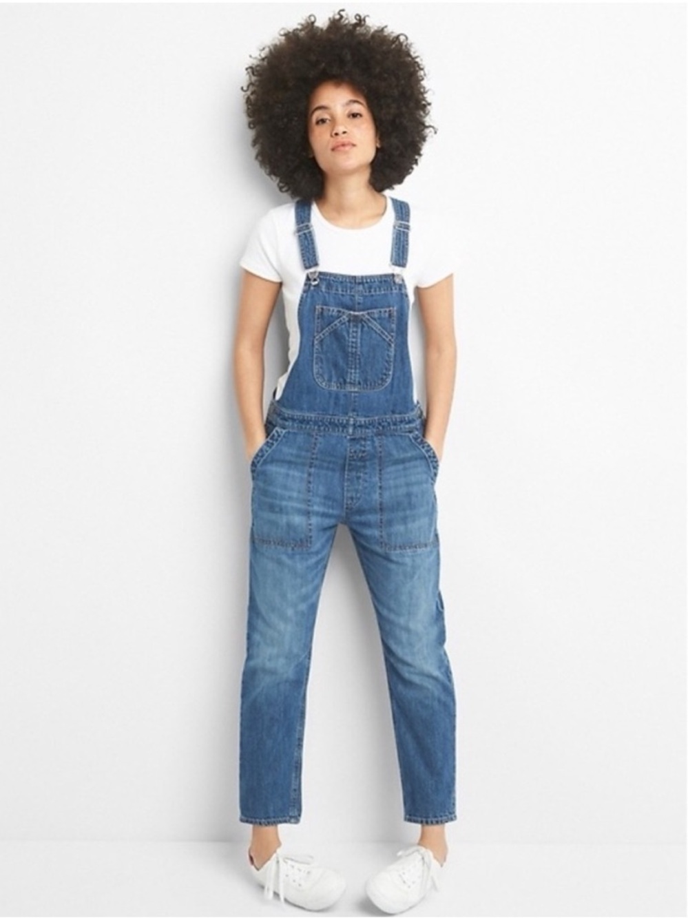 GAP Slouchy Crop Denim Overalls Medium Indigo Blue Utility Patch Pockets